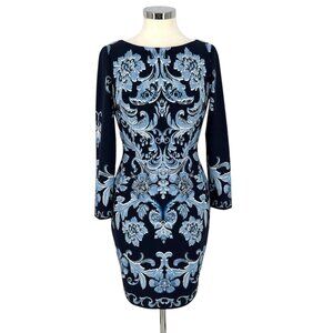 Eliza J Floral Print Long Sleeve Sheath Dress Knee Length Blue Size 4